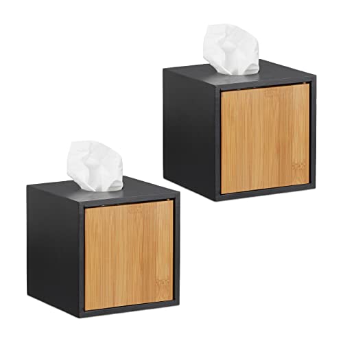 2 x Kosmetiktücherbox im Set, Taschentuchbox quadratisch, Kosmetikbox Bambus, HxBxT: 14,5 x 14,5 x 14,5 cm, schwarz von Relaxdays