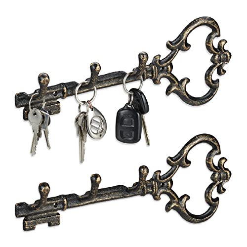 Relaxdays 2 x Schlüsselbrett, 3 Haken, dekorative Schlüsselform, Gusseisen, Vintage, Shabby, HBT: 12,5 x 33 x 4,5 cm, schwarz-gold von Relaxdays