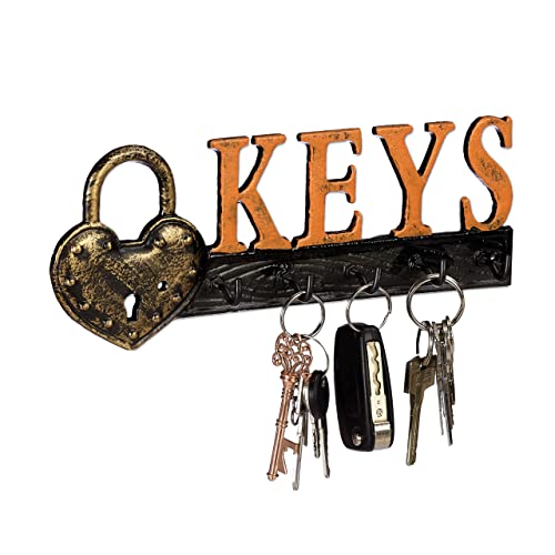 Relaxdays 2 x Schlüsselbrett, 5 Haken, Vorhängeschloss & Keys-Schriftzug, Gusseisen, Vintage, HBT: 10 x 26 x 3 cm, orange/schwarz von Relaxdays