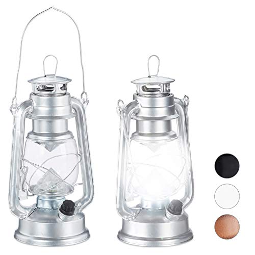 Relaxdays 2 x Sturmlaterne LED, Retro Sturmlampe als Fensterdeko oder elektrische Gartenlaterne, batteriebetrieben, Silber von Relaxdays
