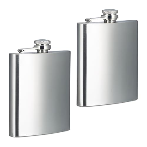 Relaxdays Flachmann 2er Set, 200 ml, Edelstahl Schnapsbehälter für unterwegs, Taschenflasche Schraubverschluss, Silber von Relaxdays