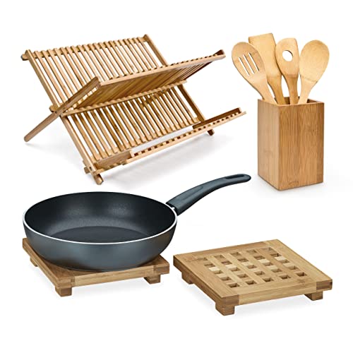 Relaxdays 3 TLG. Küchen Set, Abtropfgestell Geschirr, Kochlöffel, Pfannenwender, Untersetzer, Geschirrständer, Rührlöffel Behälter von Relaxdays