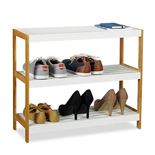 Relaxdays Schuhregal, 3 Ablagen, robuste Schuhaufbewahrung, Bambus & MDF, Schuhablage HBT 58,5 x 70 x 26cm, weiß/Natur von Relaxdays