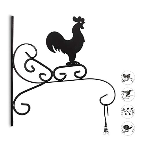 Relaxdays 3 x Blumenhaken mit Hahn, Blumenampelhalter für Wand, Topf, Garten-Deko Gockel, Eisen, HxBxT: 30 x 28 x 2 cm, schwarz von Relaxdays