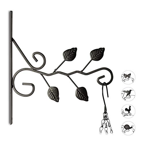 Relaxdays 3X Blumenhaken mit Blätter-Motiv, Blumenampelhalter für Wand, Metall Garten-Deko, HBT: 30 x 27,5 x 2cm, schwarz von Relaxdays