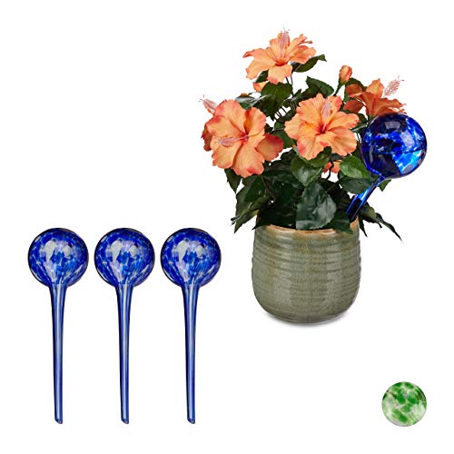 Relaxdays 4 x Bewässerungskugel, dosierte Pflanzen Bewässerung, Blumentopf, Gießhilfe Büro, Urlaub, Durstkugel Glas, Ø 9cm, blau von Relaxdays