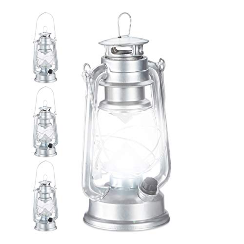 Relaxdays 4 x Sturmlaterne LED, Retro Sturmlampe als Fensterdeko oder elektrische Gartenlaterne, batteriebetrieben, Silber von Relaxdays