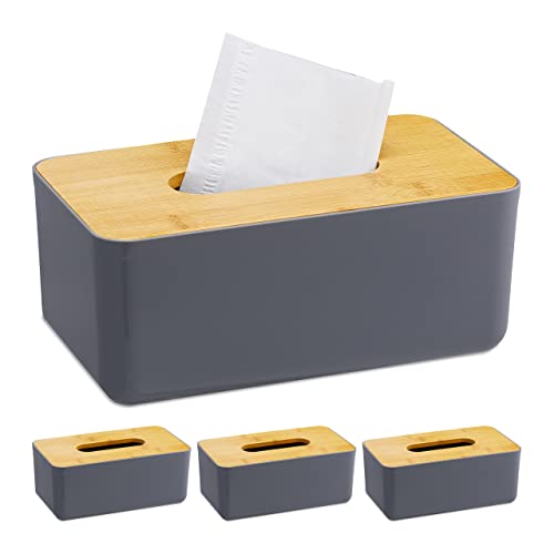 4 x Taschentuchbox, nachfüllbar, Badezimmer, Tücherbox mit Bambus-Deckel, Kunststoff, HxBxT: 10x23x13 cm, grau/Natur von Relaxdays