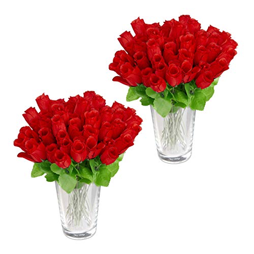 Relaxdays 96 x Kunstrosen rot, Kunstblumen, künstliche Dekoblumen, Rosen mit Stiel und Blättern, rote Köpfe, H: 26 cm, red von Relaxdays