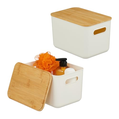 Relaxdays Aufbewahrungsbox, 2er Set, Deckel, Kunststoff, Bambus, Griff, HxBxT: 16 x 26 x 17,5 cm, Organizer, weiß/Natur von Relaxdays