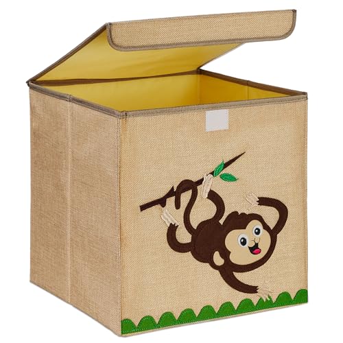 Relaxdays Aufbewahrungsbox, Affen-Motiv, Stoffbox für Kinder, faltbar, HBT: 33 x 33 x 33 cm, Spielzeugbox, beige/braun von Relaxdays