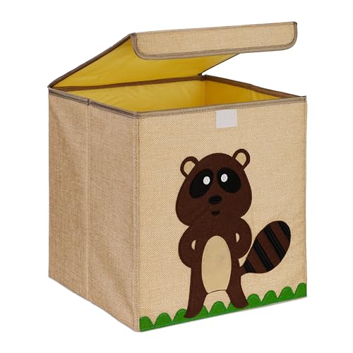Relaxdays Aufbewahrungsbox, Biber-Motiv, Stoffbox für Kinder, faltbar, HBT: 33 x 33 x 33 cm, Spielzeugbox, beige/braun von Relaxdays