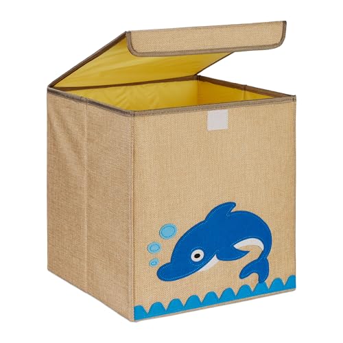 Relaxdays Aufbewahrungsbox, Delfin-Motiv, Stoffbox für Kinder, faltbar, HBT: 33 x 33 x 33 cm, Spielzeugbox, beige/blau von Relaxdays