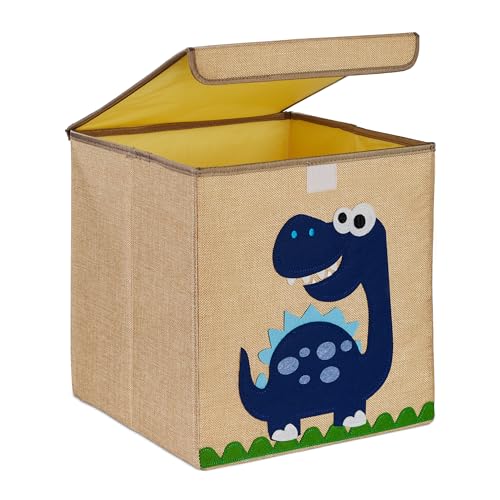 Relaxdays Aufbewahrungsbox, Dinosaurier, Stoffbox für Kinder, faltbar, HBT: 33 x 33 x 33 cm, Spielzeugbox, beige/blau von Relaxdays