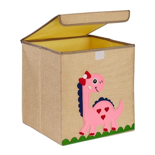 Relaxdays Aufbewahrungsbox, Dinosaurier, Stoffbox für Kinder, faltbar, HBT: 33 x 33 x 33 cm, Spielzeugbox, beige/pink von Relaxdays