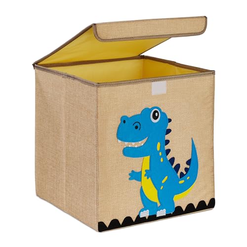 Relaxdays Aufbewahrungsbox, Dinosaurier, Stoffboxfür Kinder, faltbar, HBT: 33 x 33 x 33 cm, Spielzeugbox, beige/hellblau von Relaxdays