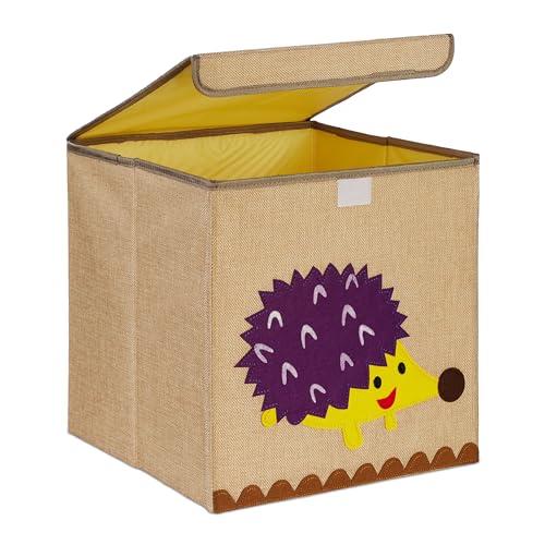 Relaxdays Aufbewahrungsbox, Igel-Motiv, Stoffbox für Kinder, faltbar, HBT: 33 x 33 x 33 cm, Spielzeugbox, beige/lila von Relaxdays