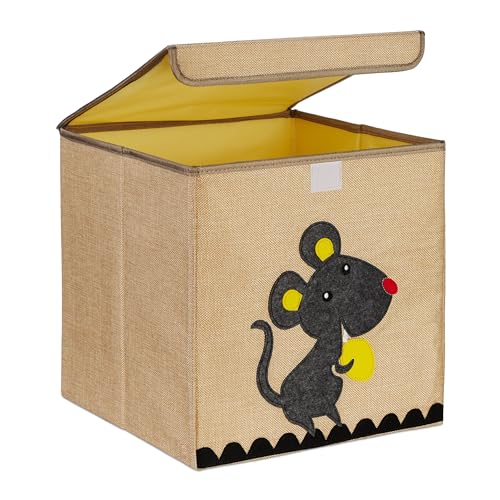 Relaxdays Aufbewahrungsbox, Maus-Motiv, Stoffbox für Kinder, faltbar, HBT: 33 x 33 x 33 cm, Spielzeugbox, beige/grau von Relaxdays