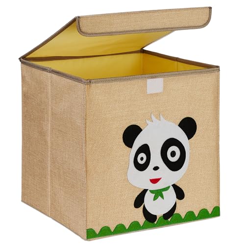 Relaxdays Aufbewahrungsbox, Panda-Motiv, Stoffbox für Kinder, faltbar, HBT: 33 x 33 x 33 cm, Spielzeugbox, beige/weiß von Relaxdays