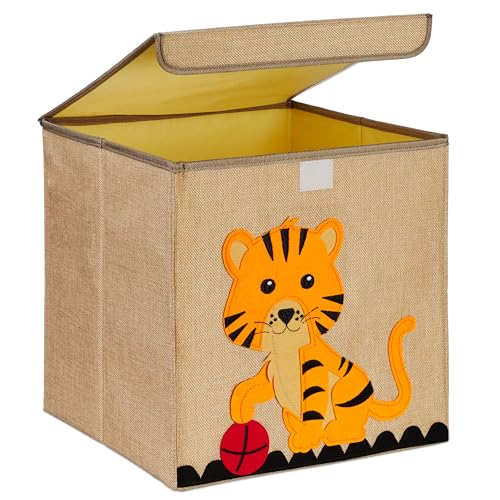 Relaxdays Aufbewahrungsbox, Tiger-Motiv, Stoffbox für Kinder, faltbar, HBT: 33 x 33 x 33 cm, Spielzeugbox, beige/orange von Relaxdays