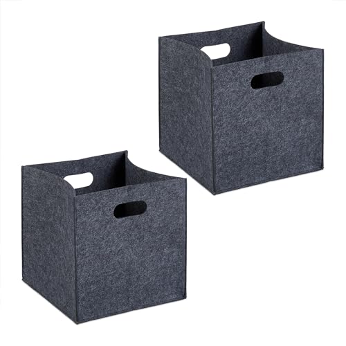 Relaxdays Aufbewahrungsbox 2er Set, Faltbare Regalboxen, HBT: 30x30x30 cm, Grifflöcher, Faltboxen aus Filz, anthrazit von Relaxdays