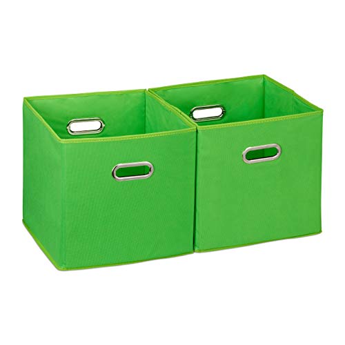 Relaxdays Aufbewahrungsbox 2er Set, Regalkorb ohne Deckel, mit Griff, faltbar, Stoffbox quadratisch, 30 cm, grün von Relaxdays