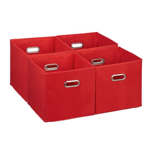 Relaxdays Aufbewahrungsbox 4er Set, Faltbare Regalboxen, HxBxT: 30 x 30 x 30 cm, mit Griffen, Faltboxen für Regale, rot von Relaxdays