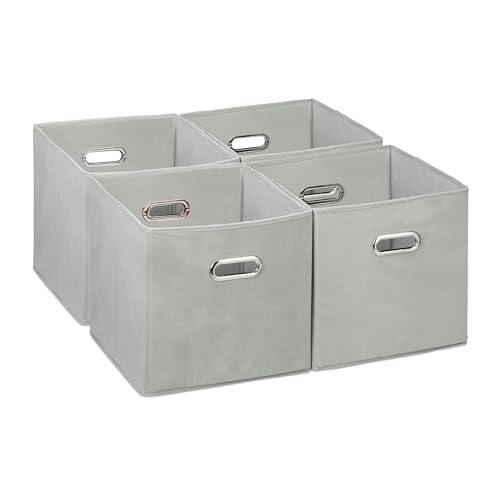 Relaxdays Aufbewahrungsbox 4er Set, Faltbare Regalboxen, HxBxT: 30x30x30 cm, mit Griffen, Faltboxen für Regale, grau von Relaxdays