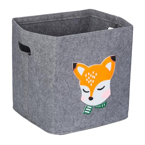 Relaxdays Aufbewahrungsbox Fuchs, Stoffbox für Kinder, aus Filz, faltbar, Spielzeugbox, HxBxT: 33 x 33 x 33 cm, grau von Relaxdays