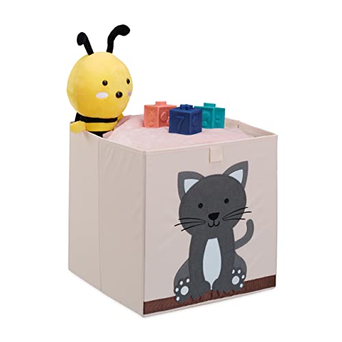 Relaxdays Aufbewahrungsbox Kinder, Katze, HxBxT: 33 x 33 x 33 cm, Stoffbox, faltbar, Spielkiste Kinderzimmer, beige/grau, Vlies, Pappe, Polyester von Relaxdays