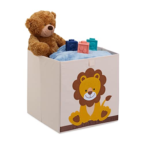 Relaxdays Aufbewahrungsbox Kinder, Löwe, HxBxT: 33 x 33 x 33 cm, Stoffbox, faltbar, Spielkiste Kinderzimmer, beige/gelb von Relaxdays