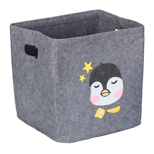 Relaxdays Aufbewahrungsbox Pinguin, Stoffbox für Kinder, aus Filz, faltbar, Spielzeugbox, HxBxT: 33 x 33 x 33 cm, grau von Relaxdays