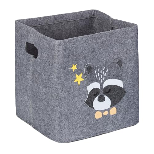 Relaxdays Aufbewahrungsbox Waschbär, Stoffbox für Kinder, aus Filz, faltbar, Spielzeugbox, HxBxT: 33 x 33 x 33 cm, grau von Relaxdays