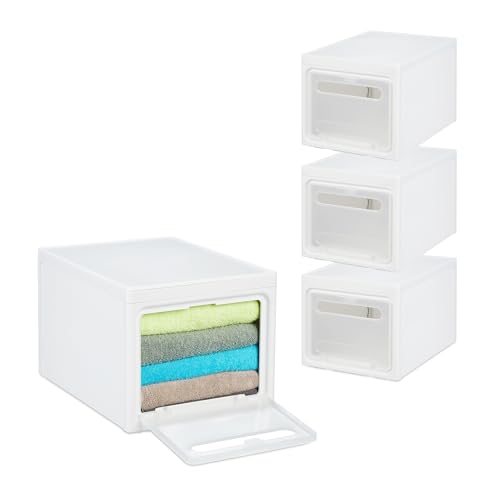Relaxdays Aufbewahrungsboxen 4er Set, stapelbare Plastikboxen, 31L, mit Deckel & halbtransparenter Tür, Kunststoff, weiß von Relaxdays