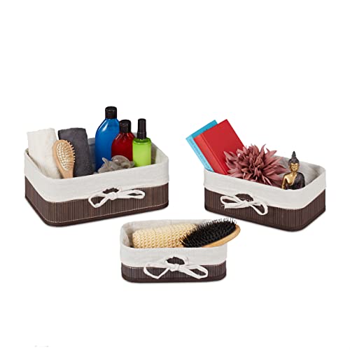 Relaxdays Aufbewahrungskorb, 3er Set, Bambus mit Stoffeinlage, Regal & Schrank, Aufbewahrungsbox, 3 Größen, braun/ weiß von Relaxdays