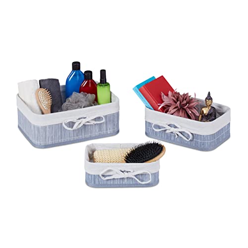 Relaxdays Aufbewahrungskorb 3er Set, Bambus, Stoff, eckige Aufbewahrungsbox für Regal & Schrank, 3 Größen, grau/creme von Relaxdays