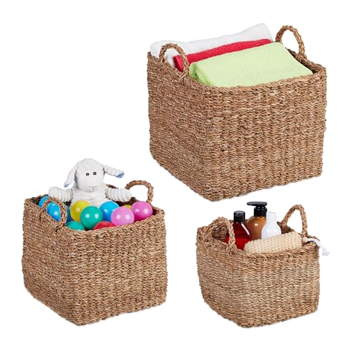 Relaxdays Aufbewahrungskorb 3er Set Seegras, Flechtkorb quadratisch, Bad Organizer, 3 versch. Größen, Regalkorb, Natur von Relaxdays