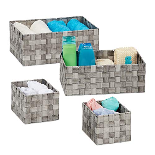 Relaxdays Aufbewahrungskorb 4er Set, geflochten, Körbchen Badezimmer, eckig, 3 Größen, Kunststoff, Flechtkorb, grau von Relaxdays