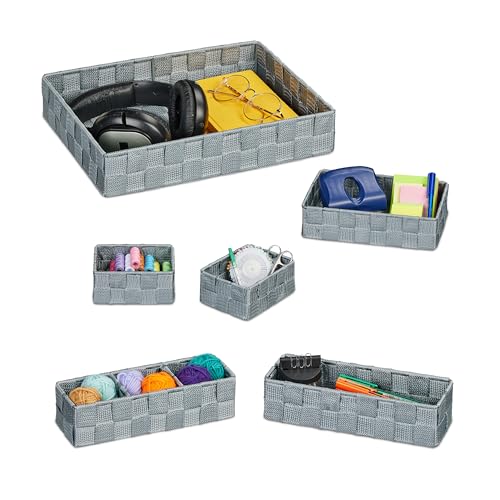 Relaxdays Aufbewahrungskorb 6er Set, Körbchen in 4 Größen, geflochten, Kunststoff, Metallrahmen, Körbe Badezimmer, grau von Relaxdays