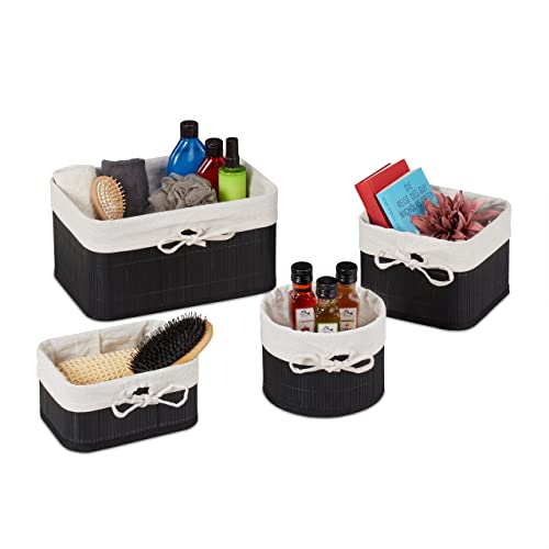 Relaxdays Aufbewahrungskorb Set, 4er Set aus Bambus, Aufbewahrungsbox für Regal & Schrank, Bad, 4 Größen, schwarz/ creme von Relaxdays