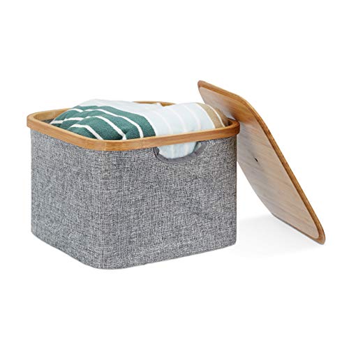 Relaxdays Aufbewahrungskorb Stoff, Aufbewahrungsbox mit Deckel, Regalkorb grau, Stoffbox, HxBxT: 25 x 33 x 33 cm, grey von Relaxdays