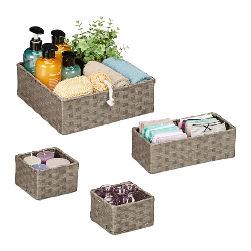 Relaxdays Aufbewahrungskorb geflochten, 4er Set, 3 Größen, Badezimmerkorb, Schrank & Regal, Papierseil, Dekokörbe, grau von Relaxdays