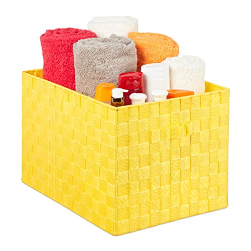 Relaxdays Aufbewahrungskorb mit Griff, Kunststoff, Flechtoptik, HxBxT: 26 x 40 x 30 cm, Badezimmer Körbchen, gelb von Relaxdays