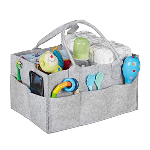 Relaxdays Baby Windel Caddy, 11 Fächer, entnehmbare Trenner, tragbare Filztasche, Auto & Wickeltisch Organizer, hellgrau von Relaxdays