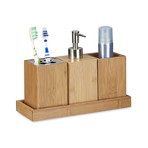 Relaxdays Bad-Accessoires-Set 4-teilig, Bambus, Zahnbürstenhalter, Seifenspender, Seifenablage, Behälter,natur Relaxdays Bad-Accessoires-Set 4-teilig, Bambus, Zahnbürstenhalter, Seifenspender, Seifenablage, Behälter,natur von Relaxdays