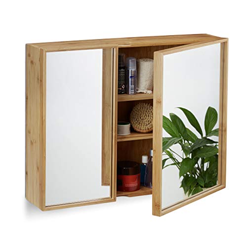 Relaxdays Bad Spiegelschrank 2-türig, Wandschrank aus Bambus, vormontierter Badschrank HxBxT: 50 x 65 x 14 cm, natur von Relaxdays