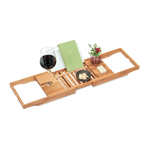 Relaxdays Badewannenablage, Bambus, 70 - 105 cm ausziehbar, Buchstütze, Weinglashalter, Badewannentisch, Natur/ weiß von Relaxdays