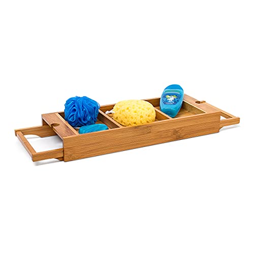 Relaxdays Badewannenablage ausziehbar aus Bambus H x B x T: 7 x 67,5 x 21 cm Badewannenbrett mit Verstellbarer Breite für Jede Badewanne Badewannentablett mit 2 Haltern Badewannenregal, Natur von Relaxdays