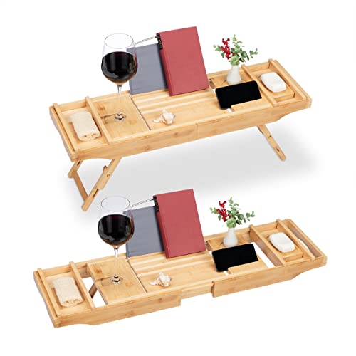 Relaxdays Badewannenablage Bambus, 75-115 cm ausziehbar, Buchstütze & Weinglashalter, Wannentablett mit Füßen, Natur von Relaxdays
