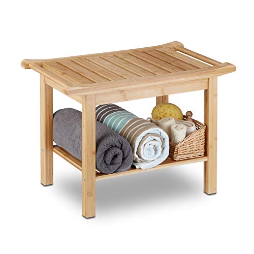 Relaxdays Badezimmer Bank Bambus, Sitzbank Bad, Ablage Badhocker Holz, HxBxT: 45 x 66 x 40 cm, Badezimmermöbel, natur von Relaxdays